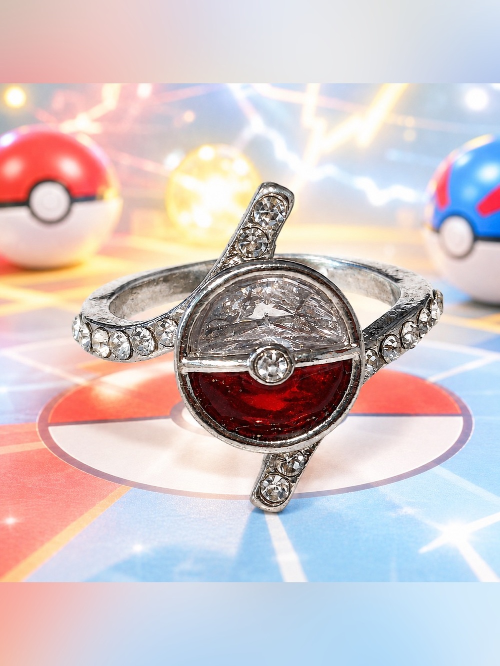 Poké Ball Inspired Rhinestone Statement Ring Silver Tone Red Size 6